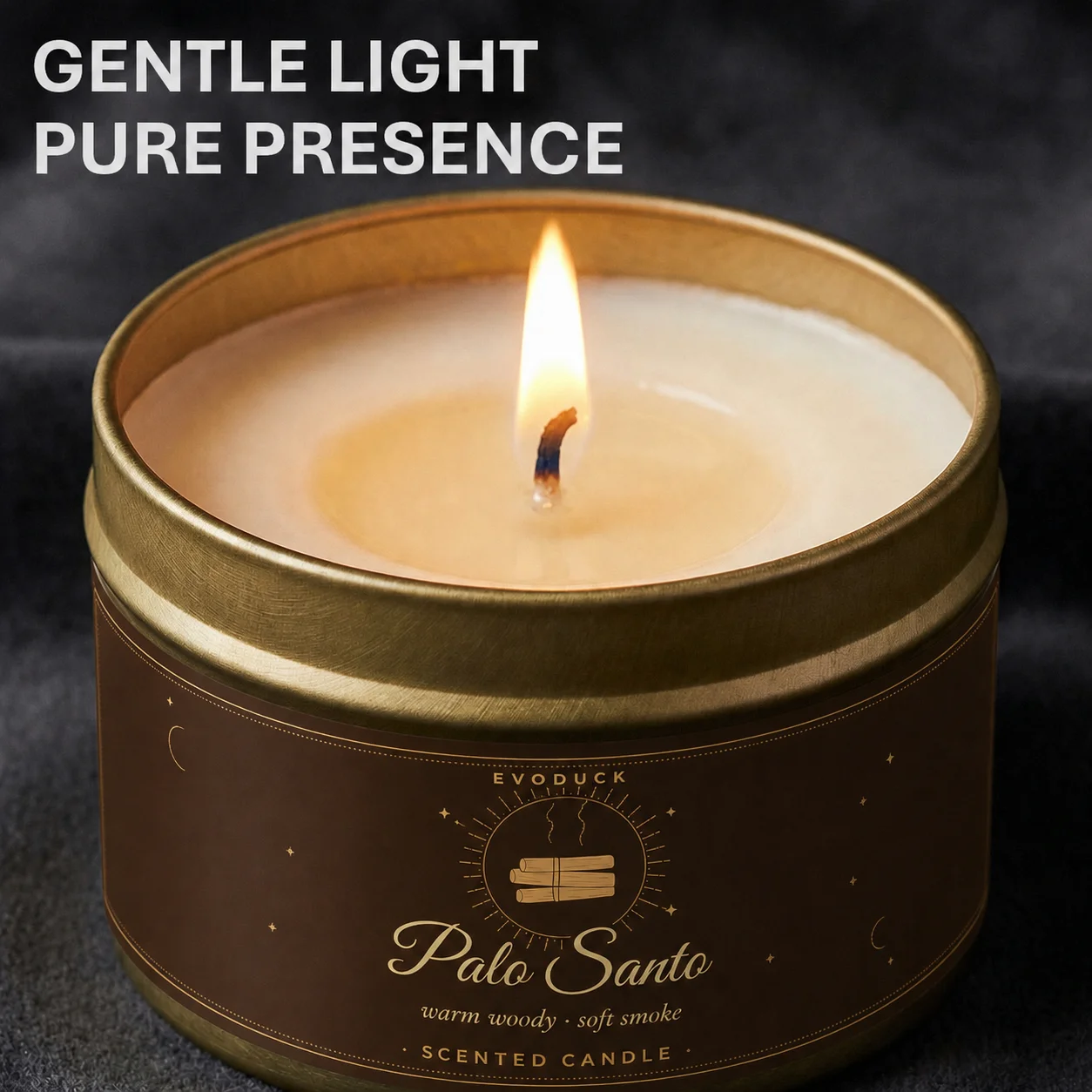 EVODUCK Palo Santo Scented Candle 4 Pieces Set Warm Woody Aroma Soft Smoky Notes Natural Soy Wax Candles in Brown Gold Travel Tin 20 Hours Burn Time Cozy Autumn Winter Fragrance for Meditation Relaxing Bedroom Living Room Home Decor Thanksgiving Gift