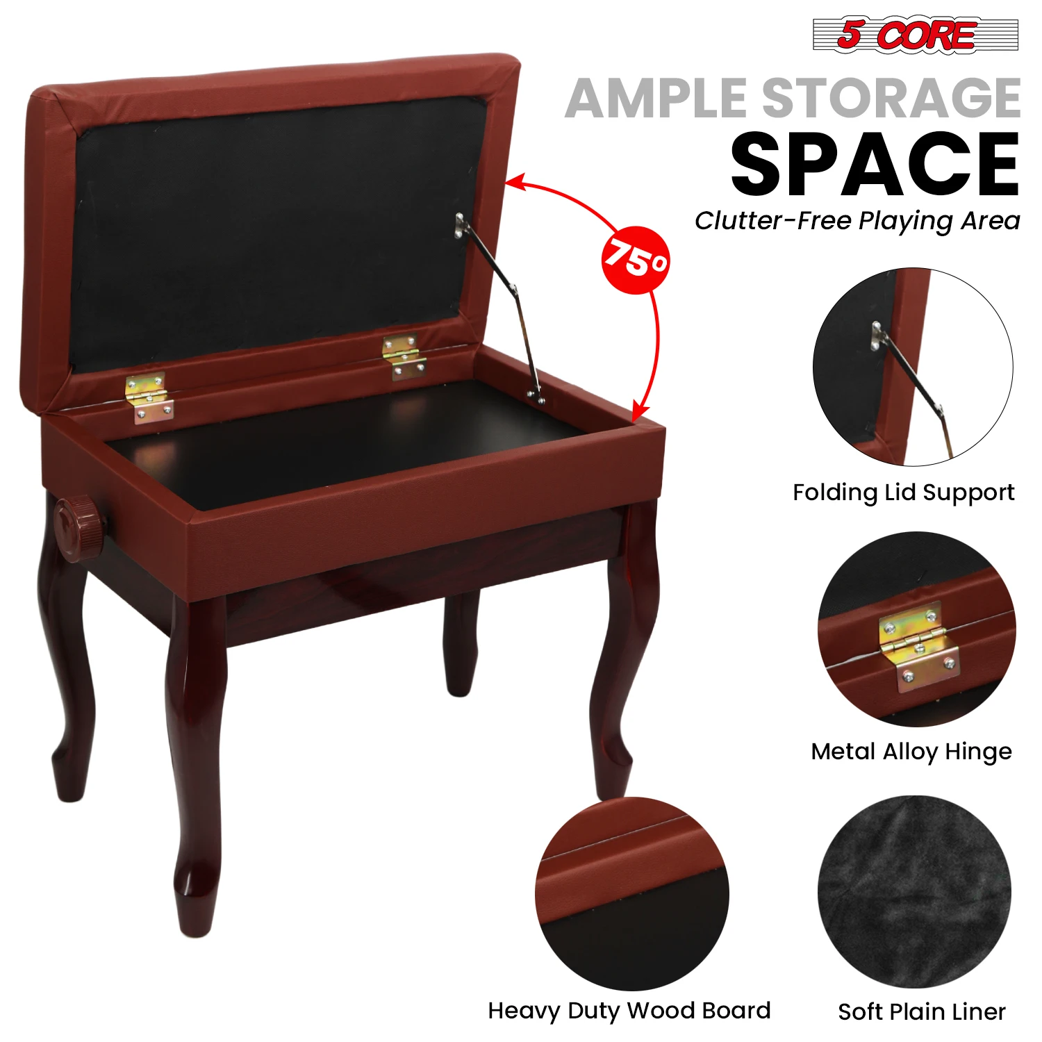 5 Core Piano Bench with Storage Wooden Adjustable Keyboard Stool Heavy Duty Padded Cushioned Seat PNB WD HD CHRY view 4