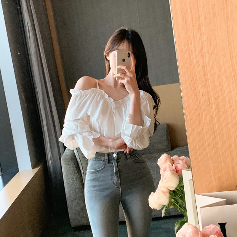 Korean Style V-neck Shirt Ring Frill Off Shoulder Strap Blouses