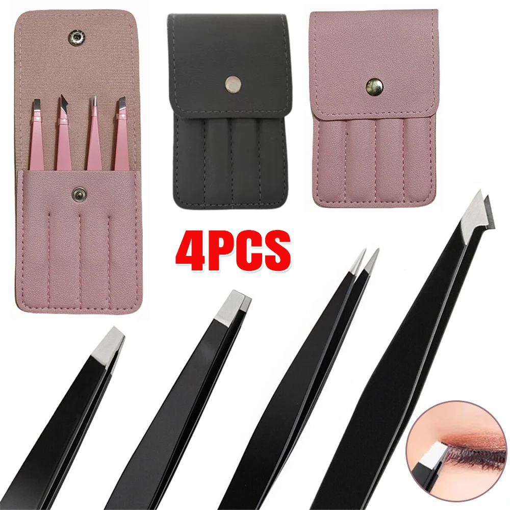 4-Pieces Pro Stainless Steel Tweezers Set Eyebrow Hair Pluckers w/Case Pink UK