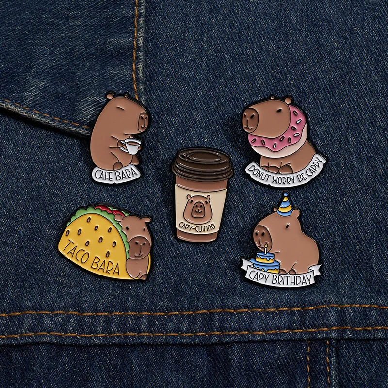 Cute Cartoon Capybara Enamel Brooch Creative Animal Coffee Birthday Cake Food Lapel Pin Badge Backpack Clothing Hat Accessories