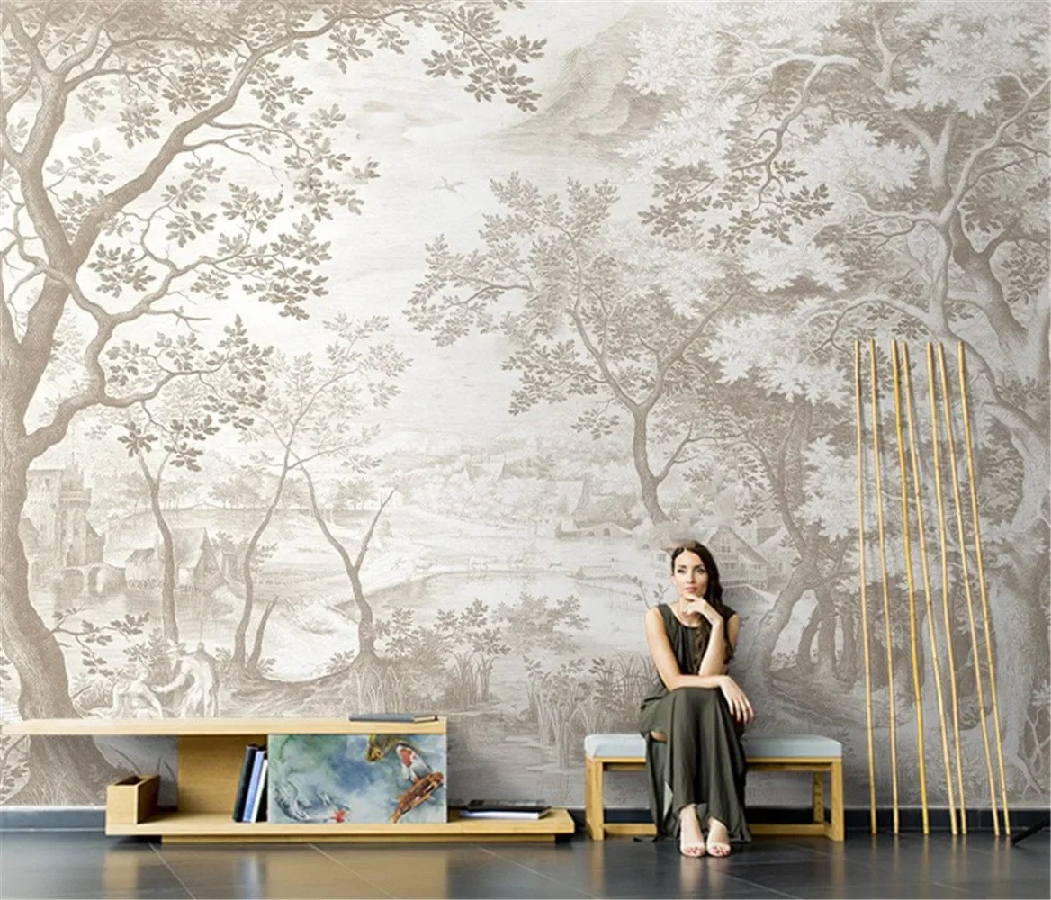 papel de parede TV wanddecoratie villa licht luxe handgeschilderde zwart-wit grijze boom op maat schilderij slaapkamer bank - afbeelding 2