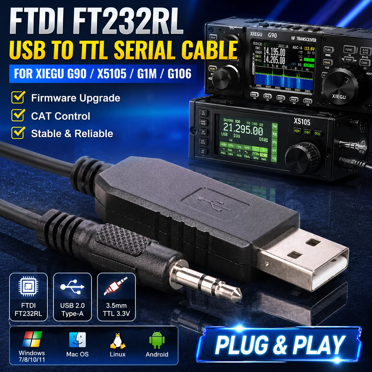 

FTDI FT232RL USB to TTL Serial Cable for Xiegu G90 X5105 G1M G106 CAT Control Firmware Upgrade 3.5mm 3.3V UART