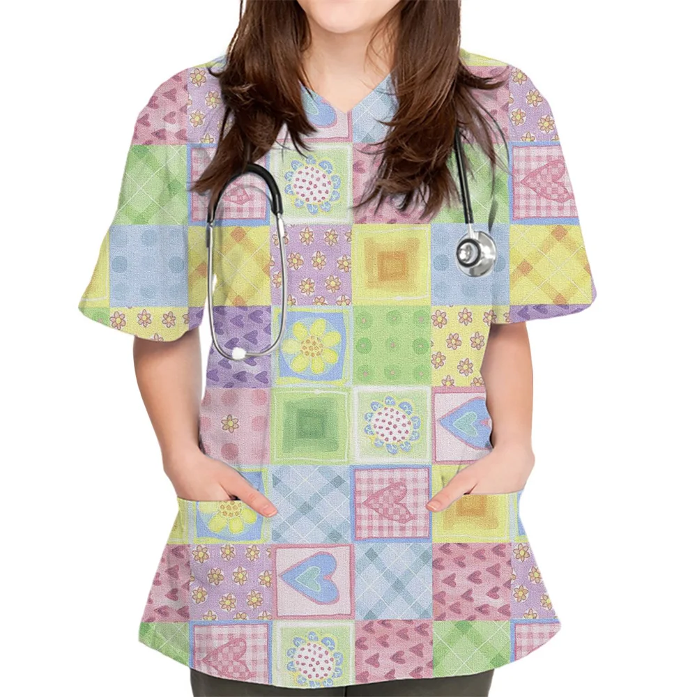 Scrubs Medical Uniforms Woman Nurse Uniform  3D Prints Painted Pattern V-neck Sky T Shirts Galaxy Pocket Nursing Surgical