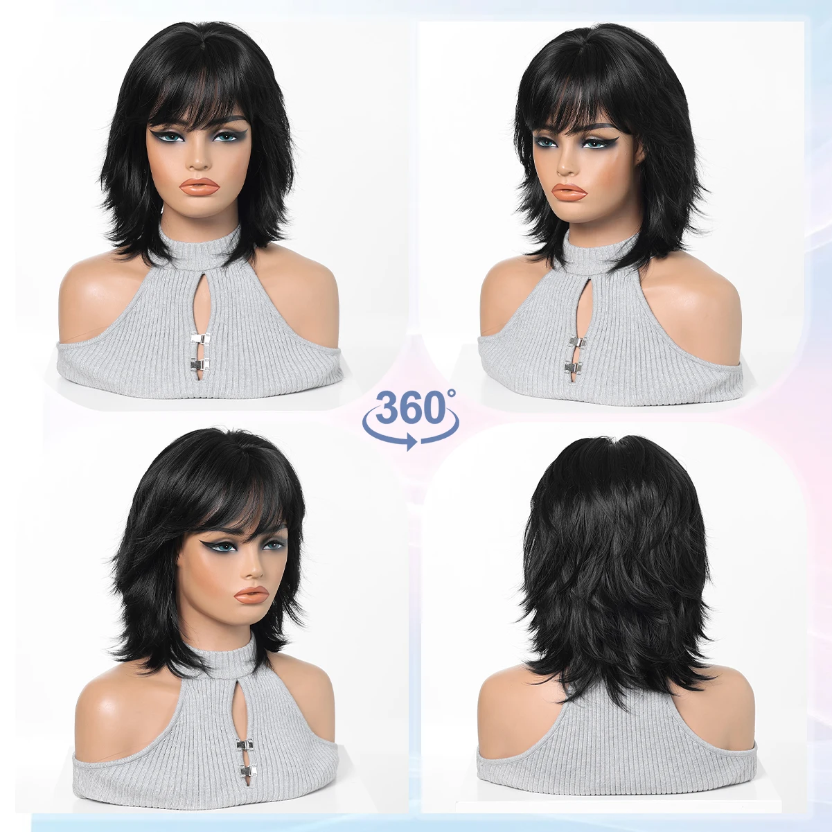 LOUIS FERRE Black Shaggy Wolf Cut Wig with Bangs Short Layered Synthetic Hair Wig for Women Heat Resistant Daily Wear Cosplay