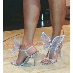 Silver Crystal Butterfly Heels Sandals Women Luxury Party T-strap Bling Evening Dress Shoes Big Bow Lady Trending Summer Sandals