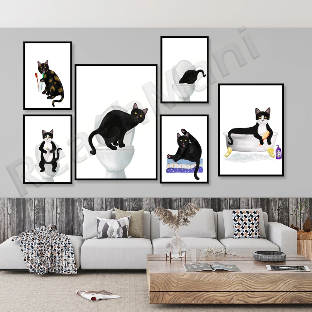 Tuxedo cat bathroom, cute black cat in bathtub, tortoiseshell cat, black cat, cat on toilet, cat spa day, cat invite gift poster