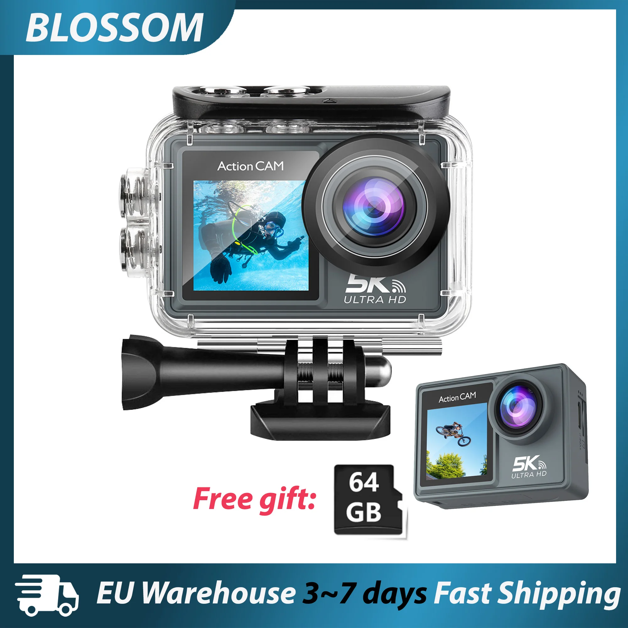Blossom 5K/1080P Dual-Screen Actionkamera - Wasserdichte Weitwinkel-Sportkamera mit WLAN-Fernbedienung für Outdoor-Videoaufnahmen