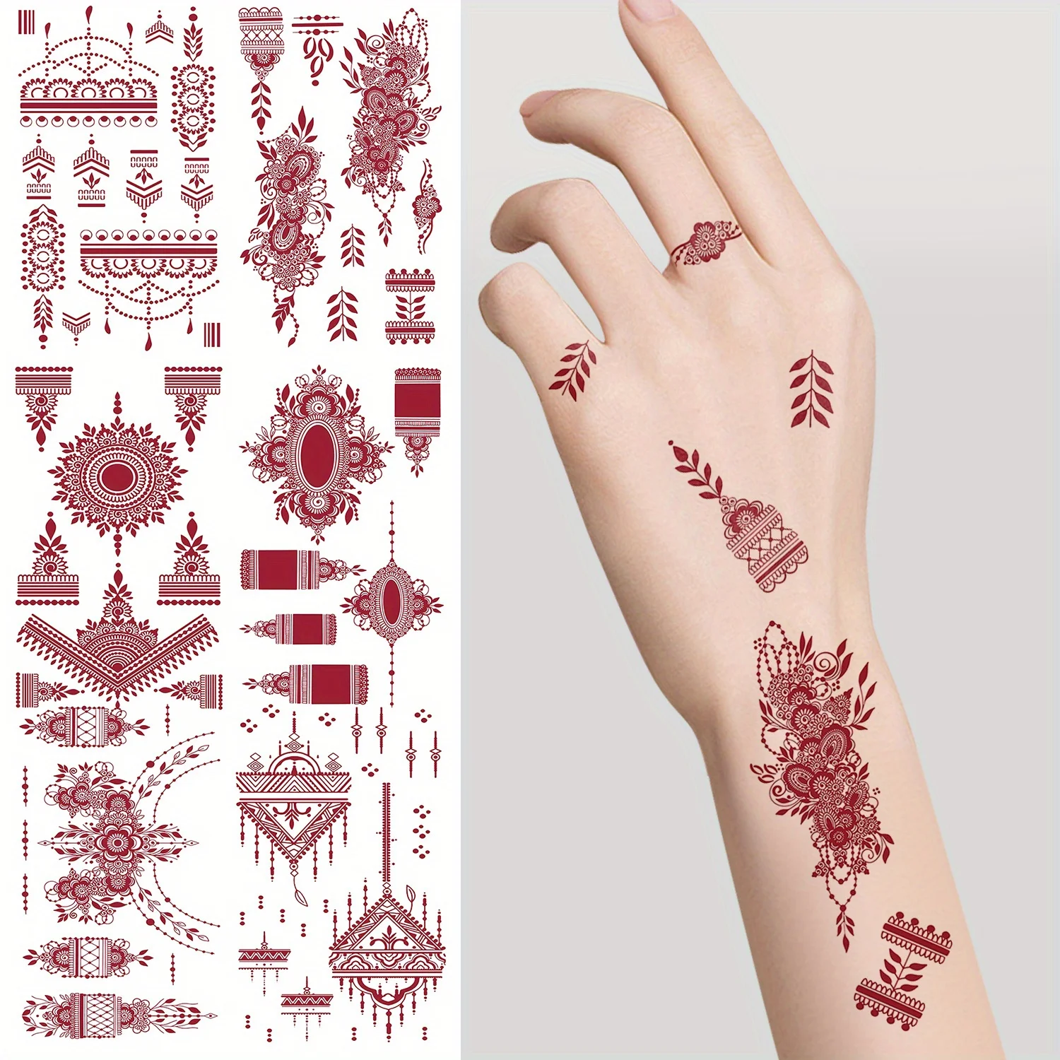 

India Mehndi Design Red Maroon Tattoo Stickers Water Transfer Fake Tattoos For Hands Temporary Body Art Fingers Full Hand Tattoo