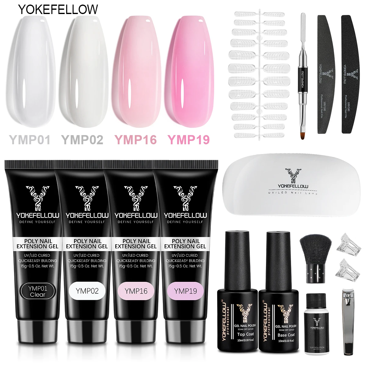 YOKEFELLOW Poly Gel Nail Kit with Nail Lamp 4Pcs Builder Gel Nail Extension Kit with Nail Decorations for Nail Art DIY at Home