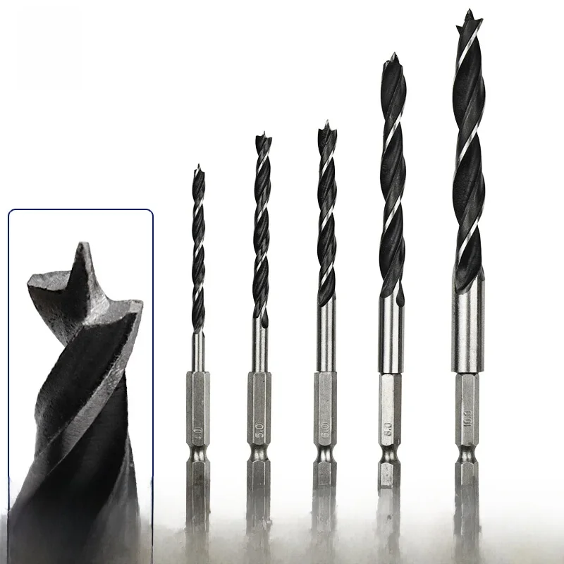 Jeu de forets à trois pointes pour le travail du bois, 1/4 ", 4/5/6/8/10mm, poignée ronde/hexagonale, alésage de trous pour le travail du bois, outil électrique, 5 pièces