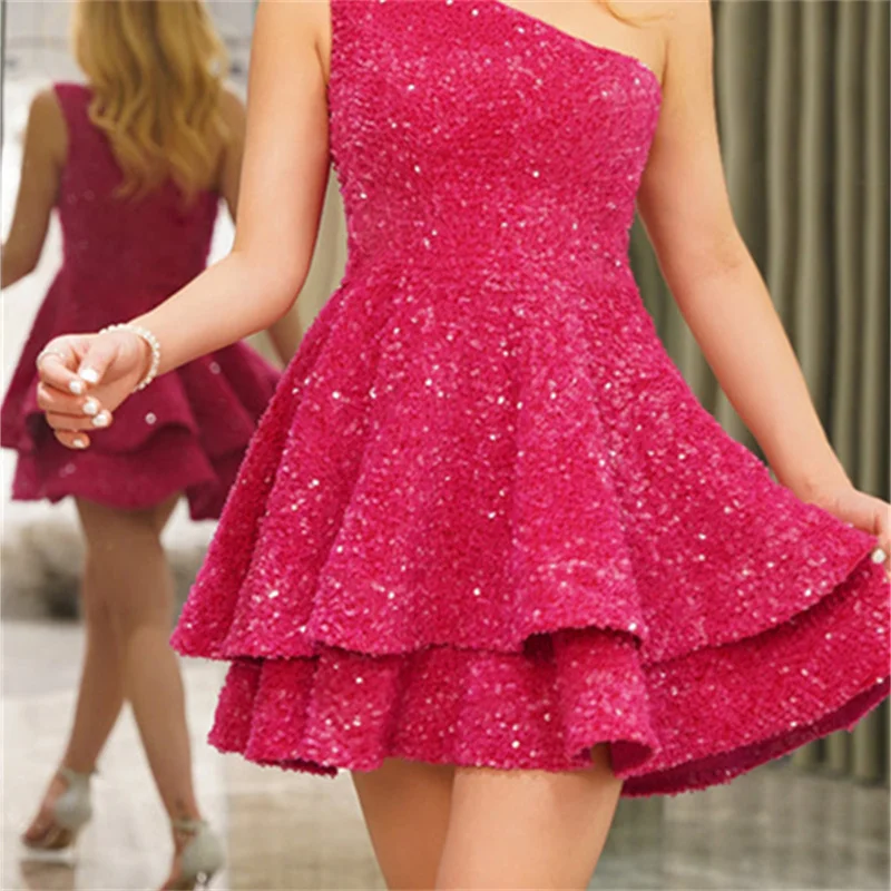 Women  A-Line Velvet Sequins Prom Dress Sparkling One Shoulder Short Dresses Evening Cocktail Party Club Bodycon Gown