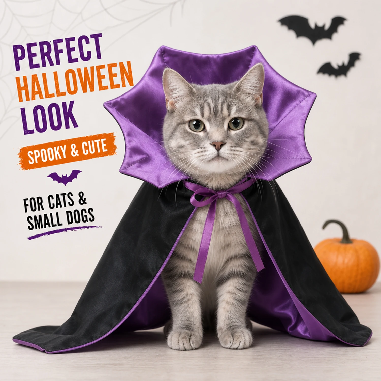 Halloween-Vampirumhang für Hunde und Katzen, lila Zaubererumhang als Haustierkostüm mit verstellbarer Krawatte, gruseliges Verkleidungs-Outfit. – Detail 2