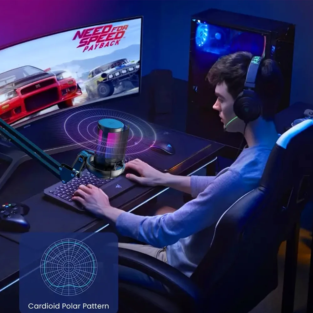 Microphone de jeu RVB avec micro cardioïde, qualité sonore haute fidélité, plug and play - support col de cygne réglable, fesses muettes