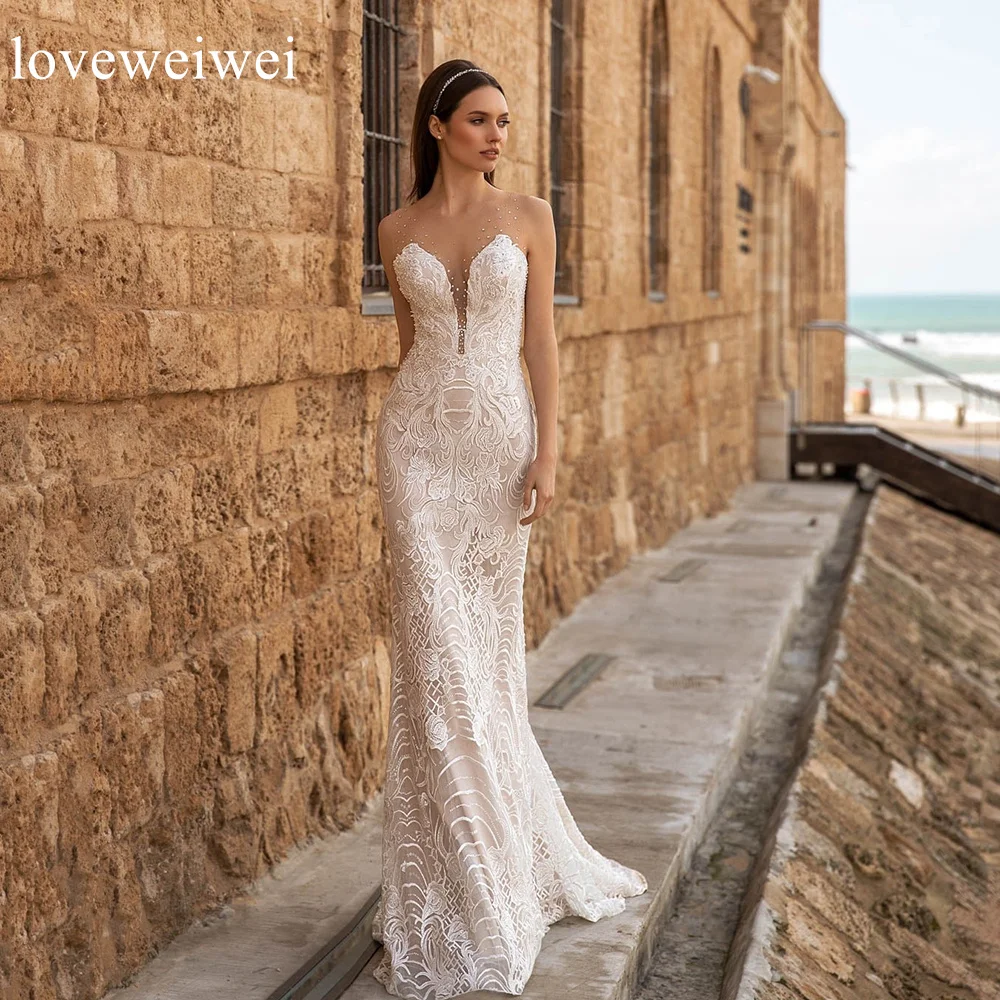 Vestidos De novia bohemios De encaje De sirena, sin mangas, con cuello en V, Sexy, sin espalda, para Fiesta