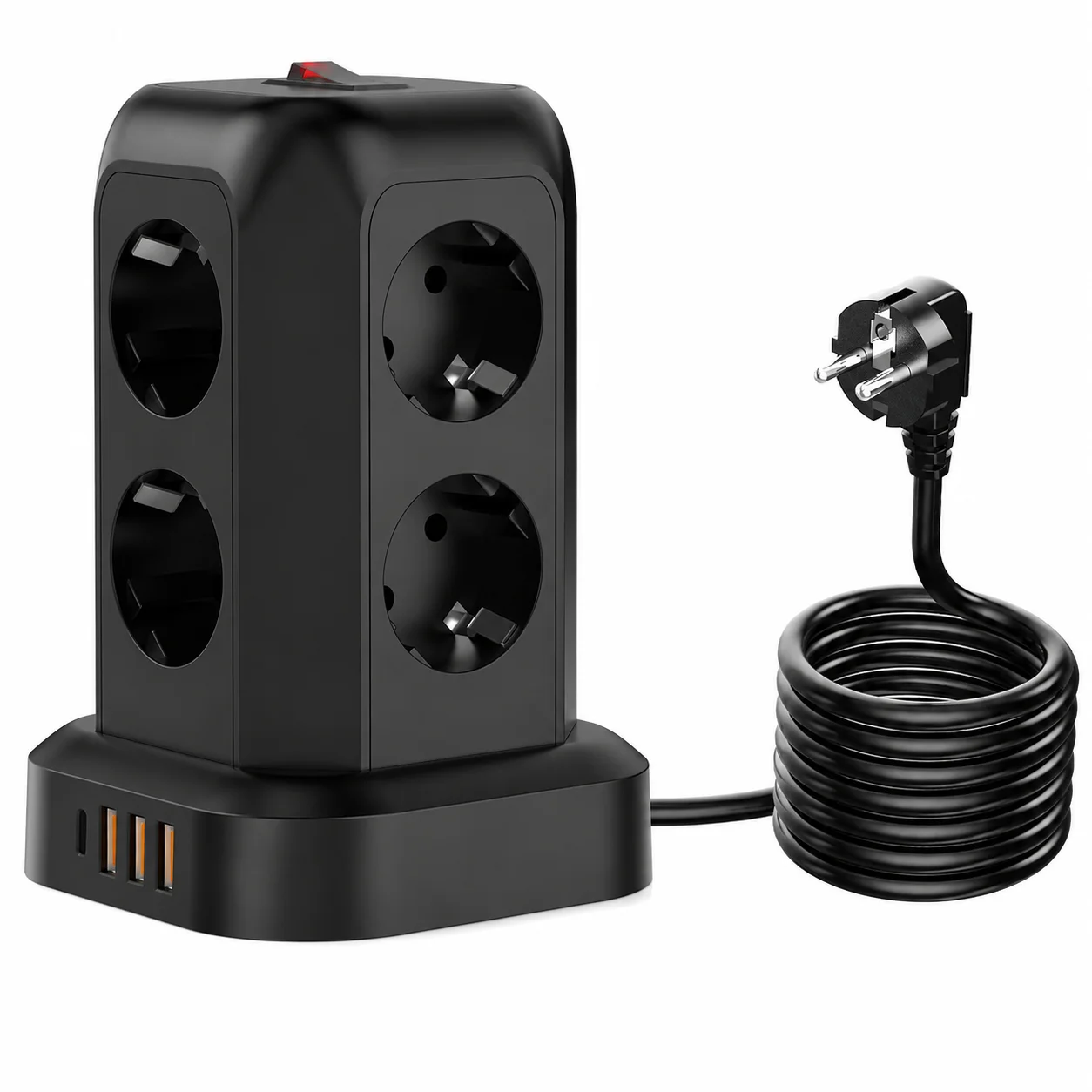Multipresa a torre 12 in 1 con USB-C, 8 prese multiple, 3 porte USB-A, interruttore con protezione da sovratensione, cavo da 1,8 m, multipresa