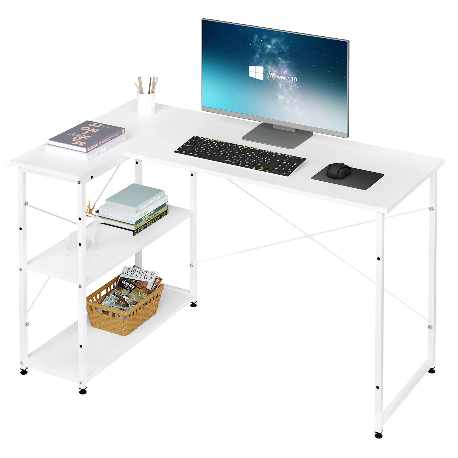 L-Shaped Office Desk Computer Desk 120x72.5x72cm Corner Table with Reversible Shelf Storage for Living Room Bedroom Study