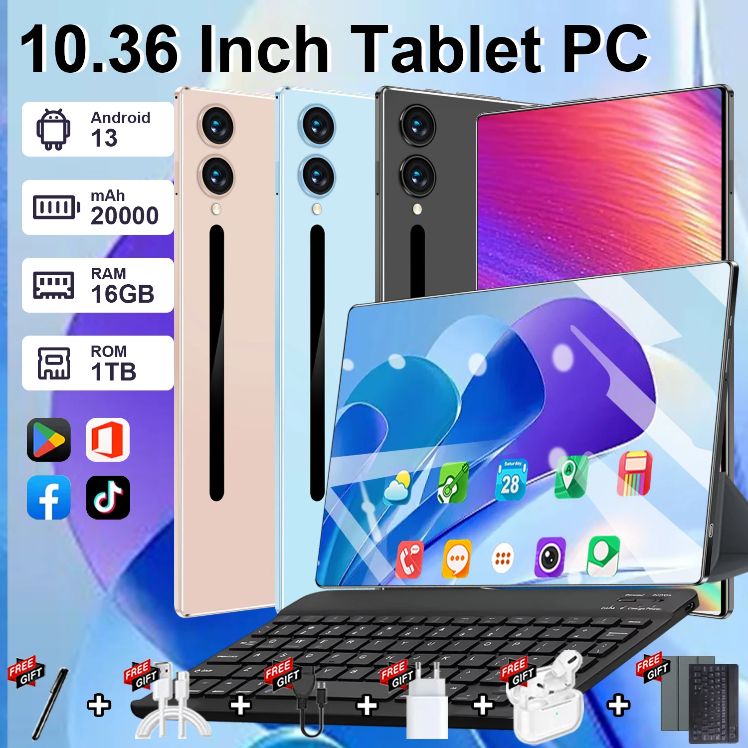 Tablet PC de 10.36 Pulgadas, Android 13, Red 5G con Google Play, Cámara Dual, Ranura para Doble Tarjeta SIM, 14 Núcleos, Bluetooth, Wifi