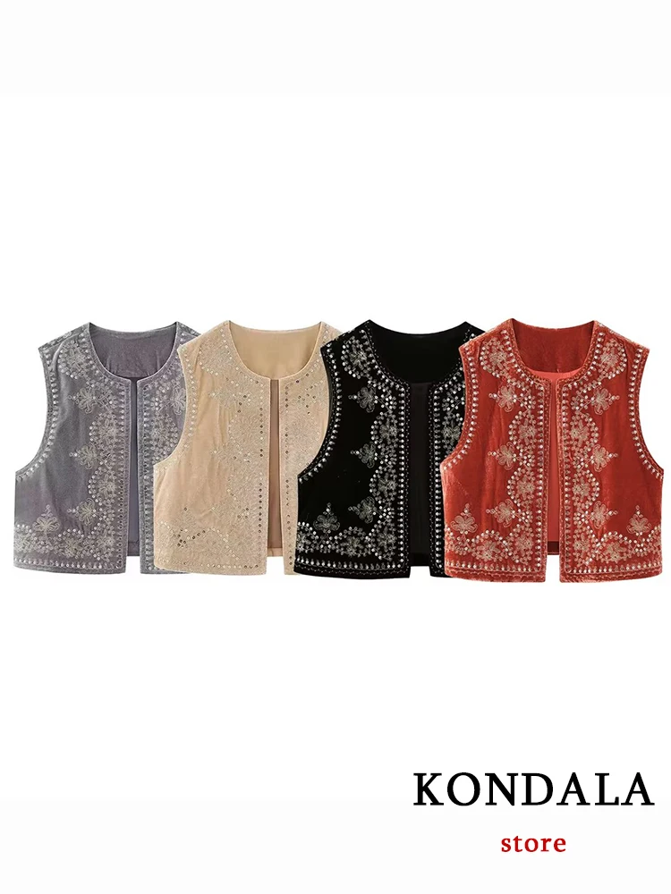 

KONDALA Vintage Red Embroidery Sequins Women Sleeveless Vest Jacket Fashion 2023 Streetwear O Neck Autumn No placket Waistcoat