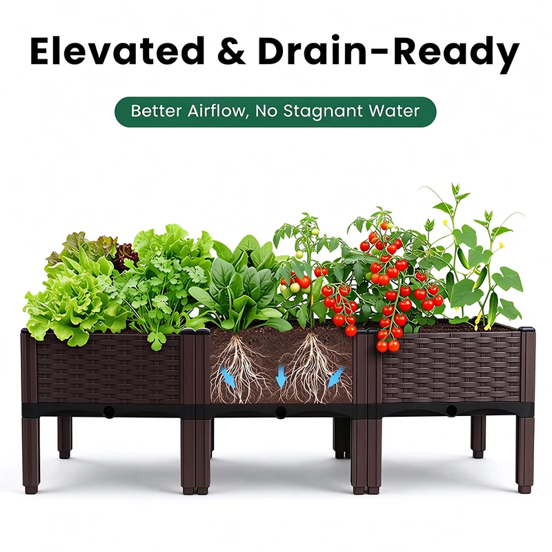 Outdoor Raised Garden Bed with Support Legs, Rattan Texture Plastic Elevated Planter, Above Ground Garden Growing Box for Vegetable Herb Flower, Great for Patio Yard Balcony Family Gardening Project