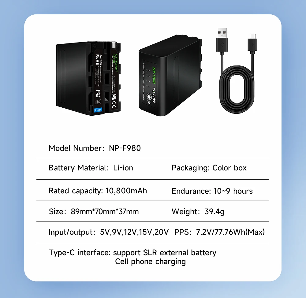 NP-F990 NP-F980 Battery with LED Power Indicator New Upgrade Fast Charge Battery For Sony F970 F960 F550 F750+Type-C PD30W Cable