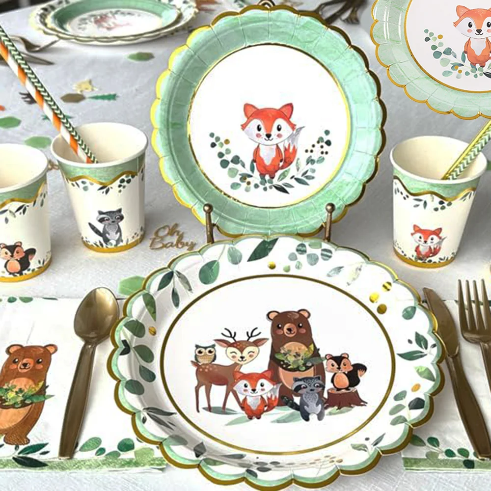 

Woodland Theme Party Supplies Disposable Tableware Fox Birthday Boy Woodland Baby Shower Plates Cutlery Cups Napkins Supplies