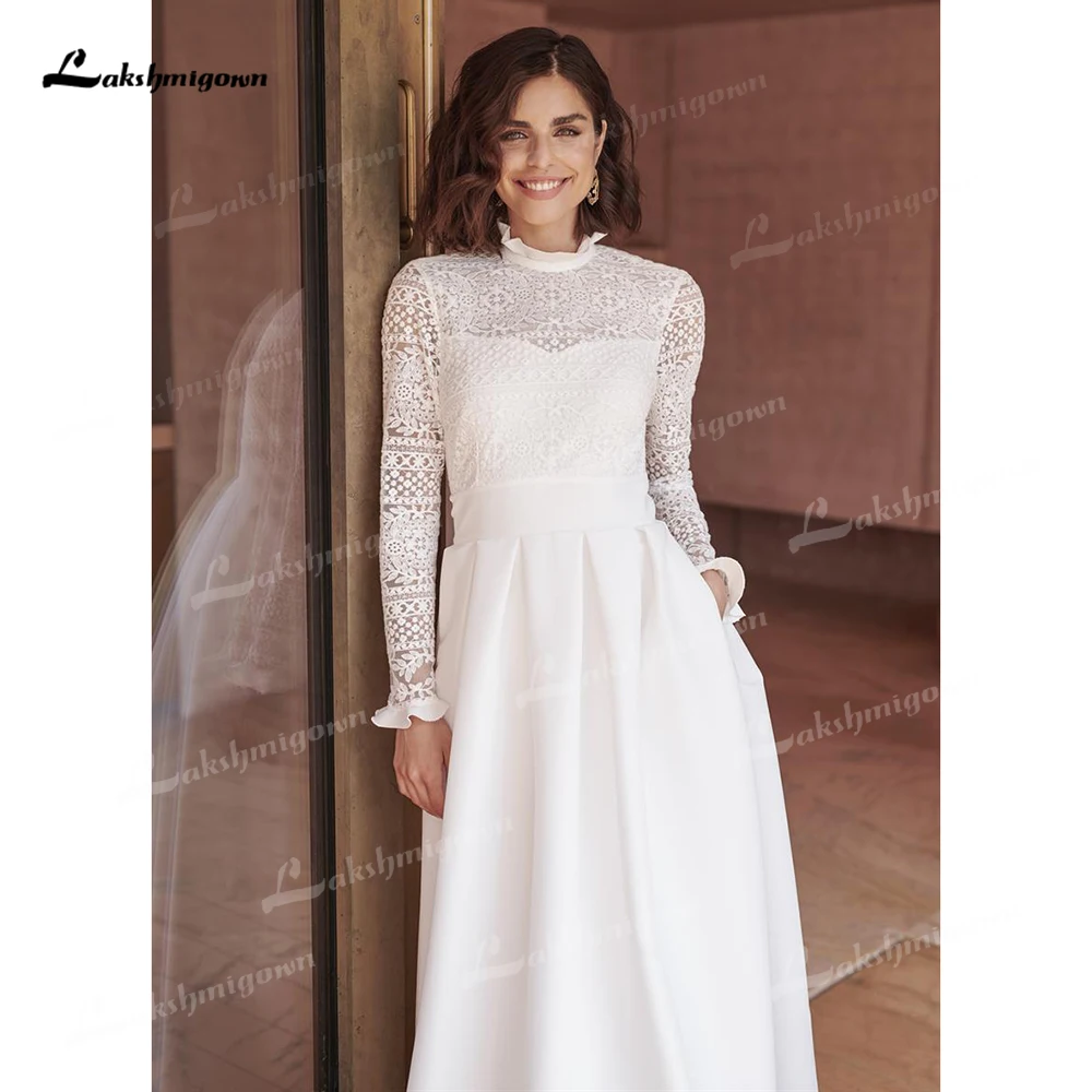 Elegant High Neck Long Cap Sleeve Lace Top Sexy Open Back Button A Line Wedding Dress For Women Bridal Gowns vestidos de novia