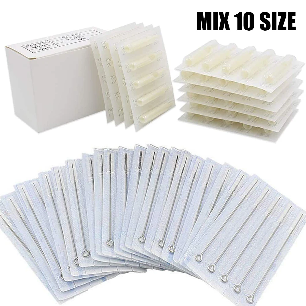 50pcs Mixed 3/5/7/9RL 5/7/9RS 5/7/9M1 Size Tattoo Needles and 50pcs Disposable Tattoo Tips Set Combo