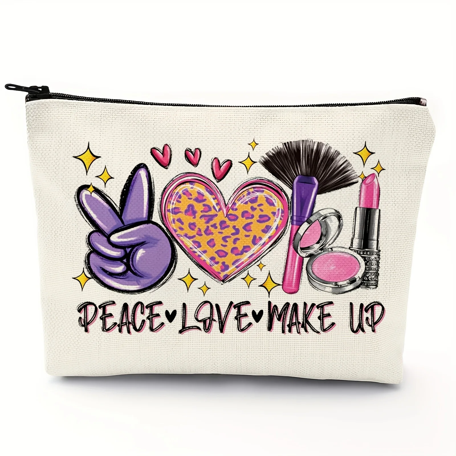 1Pc Peace Love Makeup Retro Design Multifunctional Travel Cosmetic Bag, Snack Storage Bag, Stationery Storage Bag, Fashion Toiletry Bag, Canvas Double-Sided Printed Zipper Pouch
