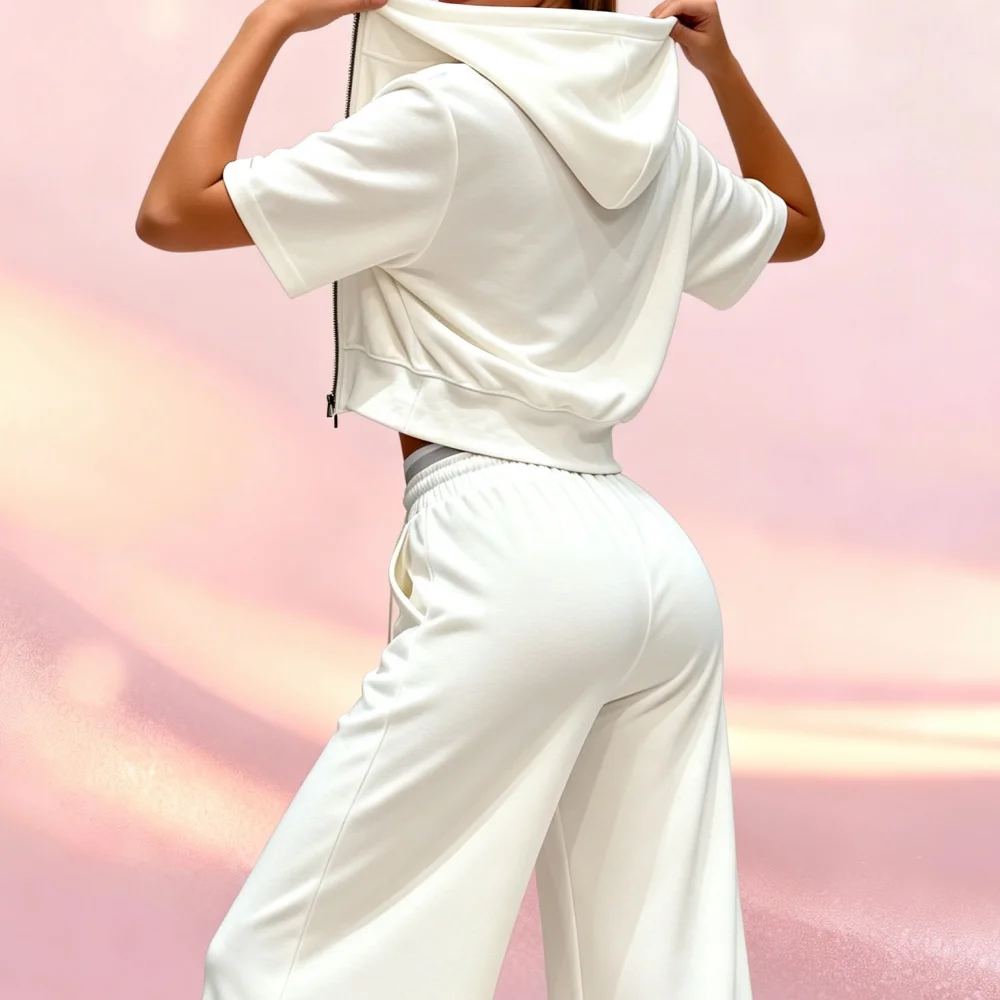 

2026 Minimalist Casual Tracksuit For Women Short Sleeve Hoodie And High Waist Wide Leg Pants
