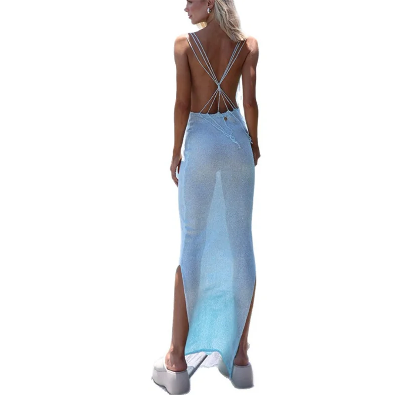 Femmes sans manches dos nu fente latérale longues robes en tricot Crochet Bikini cache-maillot maillots de bain Sexy maillot de bain plage couvrir maillots de bain
