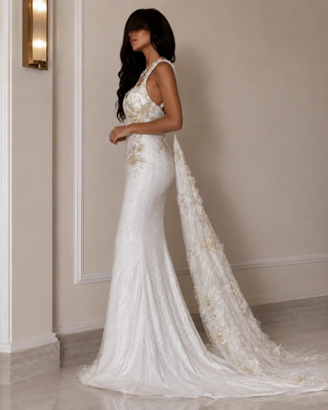 LumiGown 2026  Luxury Sequin Lace Halter Mermaid Wedding Dress Deep Back Champagne Floral Beaded Detachable Train Bridal Gown
