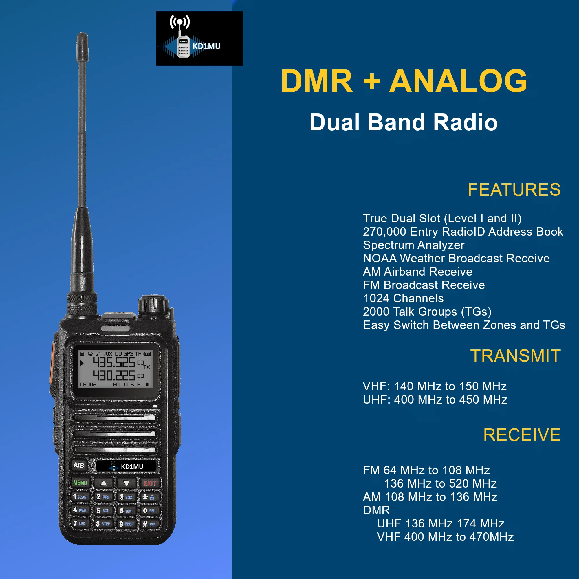 راديو DMR ثنائي الموجات مع وضع مزدوج ، KD1MU