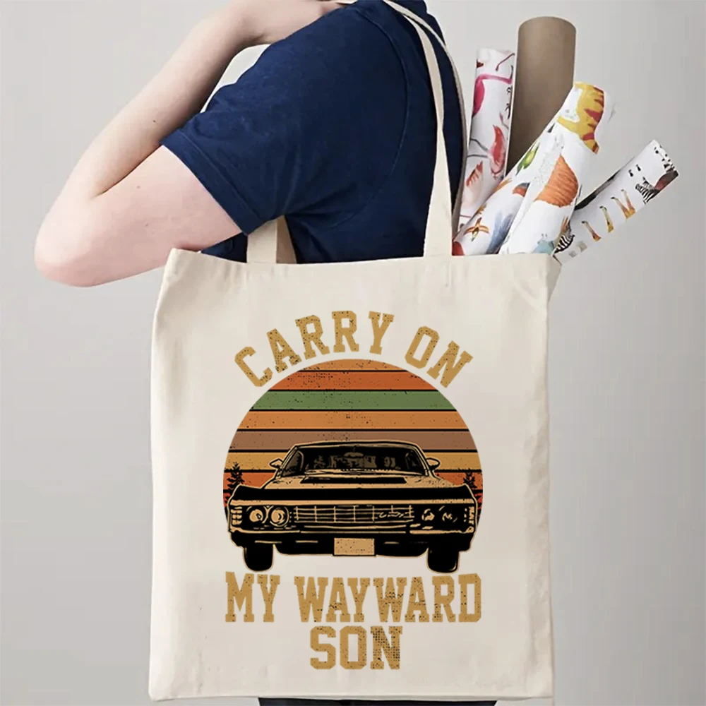 Supernatural Vintage Tote Bag Carry on My Wayward Son Print Reusable Shopping Bag Women Shopper Bag