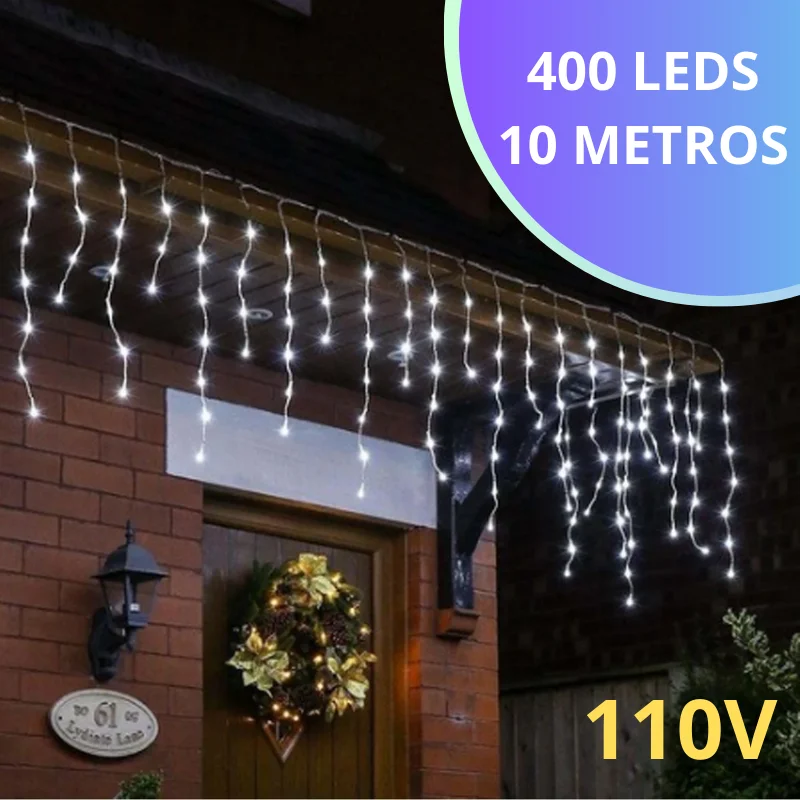 Pisca Pisca Cascata Iluminação de Natal 400 LEDs 10 Metros 8 Funções Branco Frio 110V Decoração de Natal