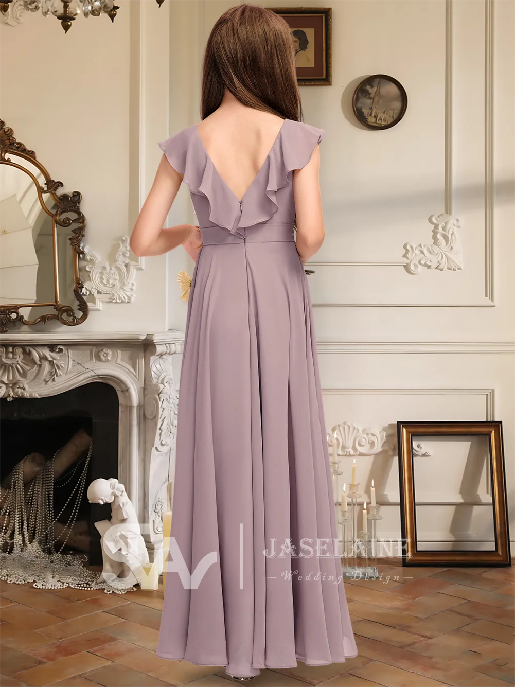 Elegantes A-Linien-Kleid mit V-Ausschnitt und bodenlangem Chiffon für junge Brautjungfern, kaskadierende Rüschen, Blumenmädchenkleid für Mädchen, Party, Hochzeit, formell