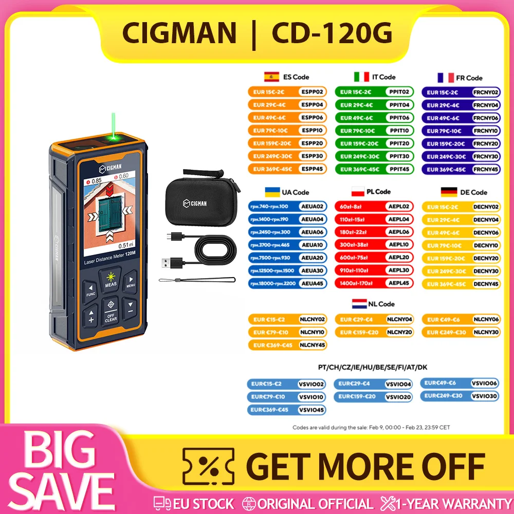 Strumento di Misurazione Laser CIGMAN CD-120G con Fotocamera 4X, Tecnologia P2P, IP68, Interfaccia Utente Intuitiva, Design Multifunzionale, Display IPS da 2,4 Pollici, Puntatore Laser Digitale,