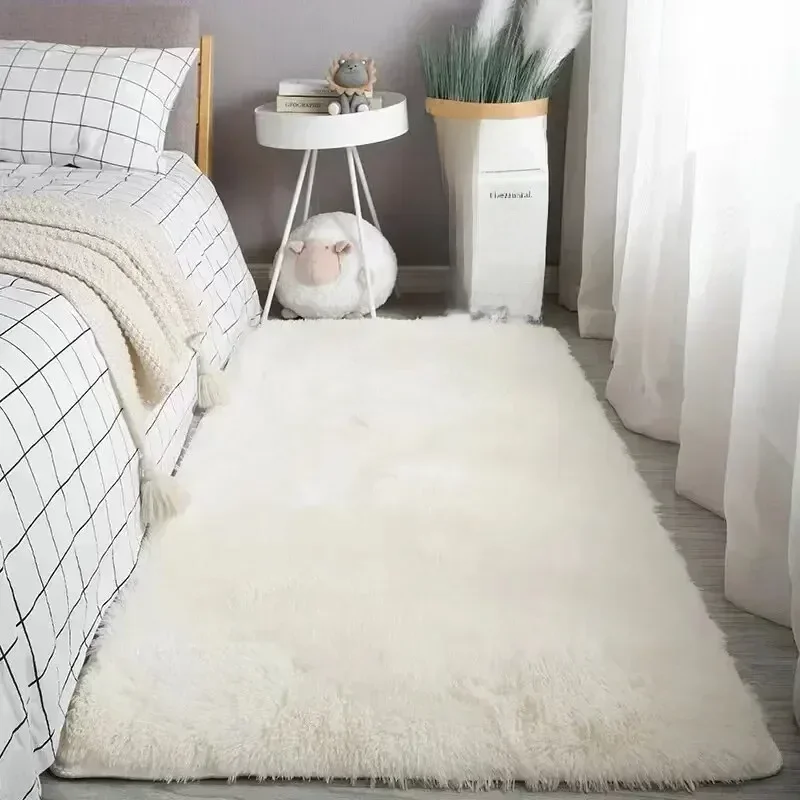 Tapis moelleux en peau de mouton blanc crème pour décor de chambre à coucher et de salon-tapis en laine de soie tapis pour chambre tapis Kawaii décor de pièce