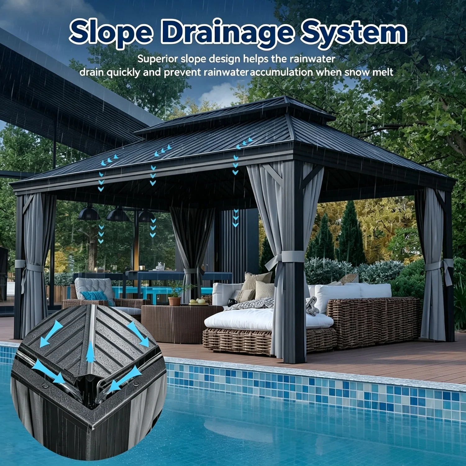 Nordivale12x16FT Hardtop Gazebo With Drainage System Aluminum Outdoor Gazebo With Galvanized Steel Double Roof Patio Permanent Metal Pavilion With Netting For Garden Deckyard Grey