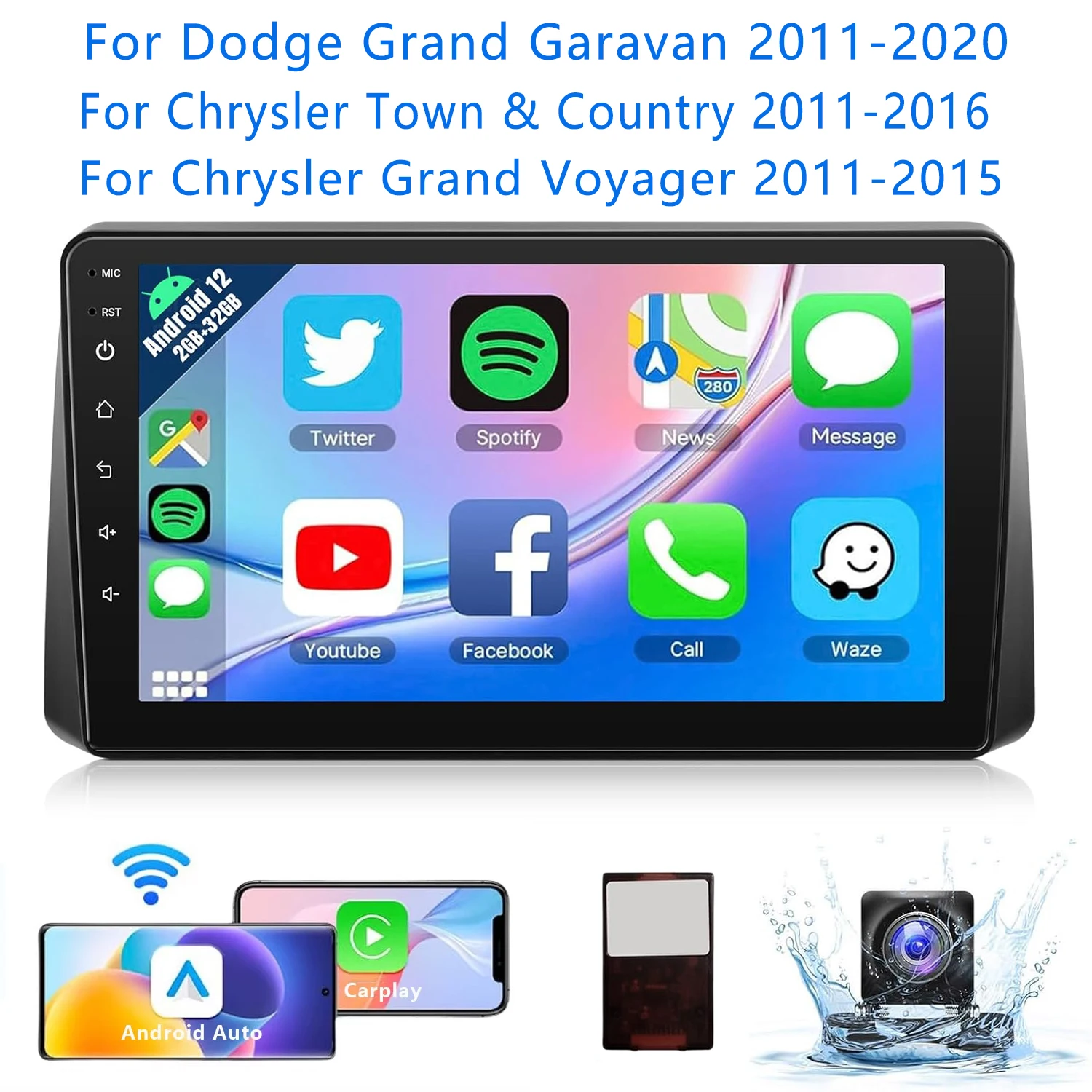

9 Inch Wireless Touchscreen Car Radio Stereo for Dodge Grand Caravan 2011-2020 Chrysler Grand Voyager 2011-2015 with Rear Camera
