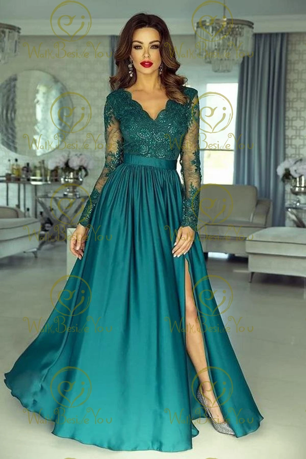 Vestido de noite de mangas compridas verde caçador, Lace Applique linha A, Fenda Bling Lantejoulas, Até o chão, Vestidos de festa elegante, 2024