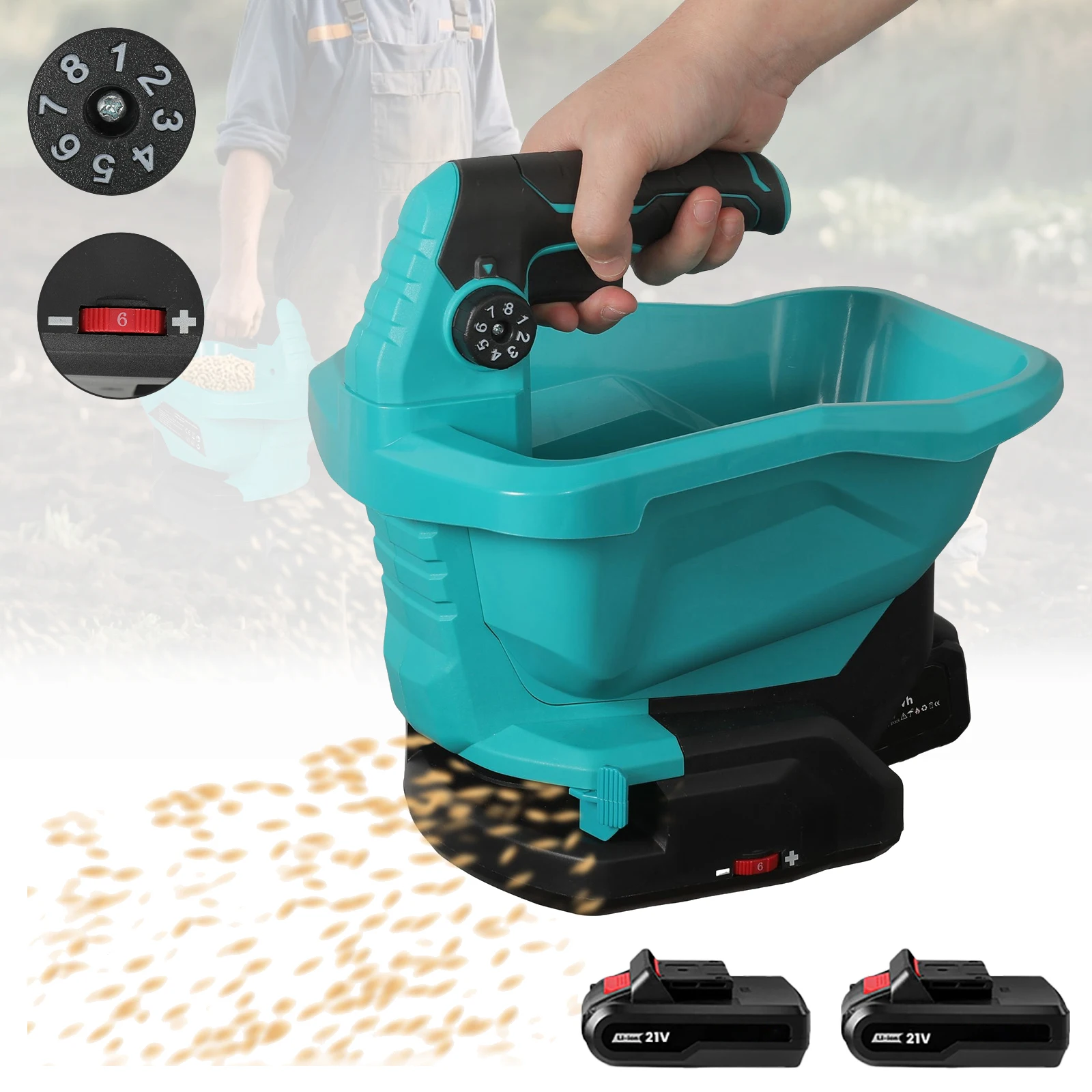 Esparcidor de Semillas y Fertilizantes Eléctrico Inalámbrico de 3.3L, Herramienta Agrícola Manual, 8 Niveles de Sembrado, 6 Velocidades, para Batería Makita de 18V, Jardín y Césped