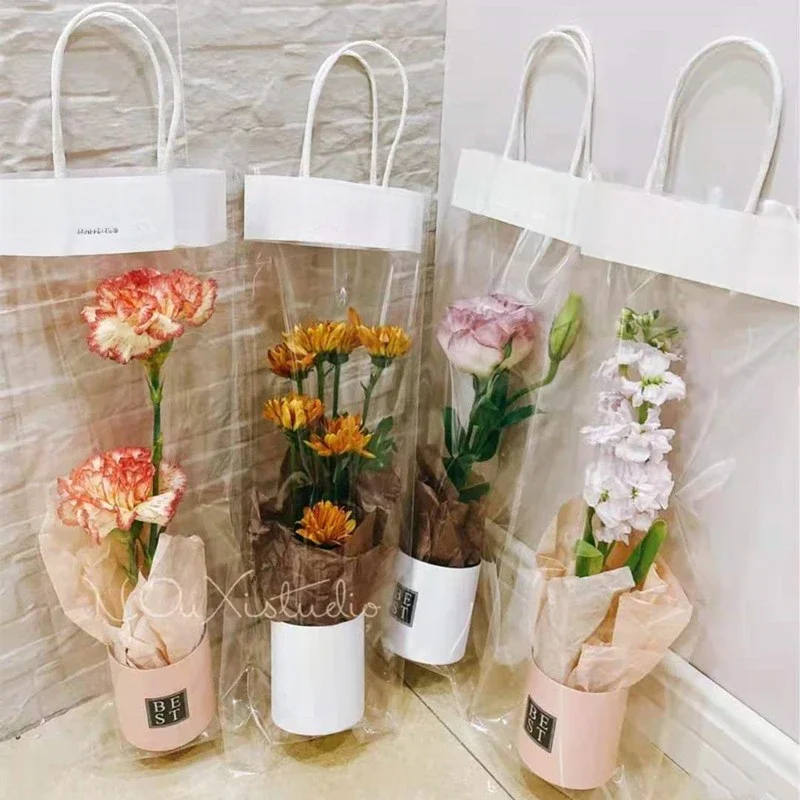 10 pièces Transparent PVC Long fourre-tout sac Transparent emballage de fleurs Bouquet de fleurs sacs fleuriste décoration célébration fête cadeau pochette