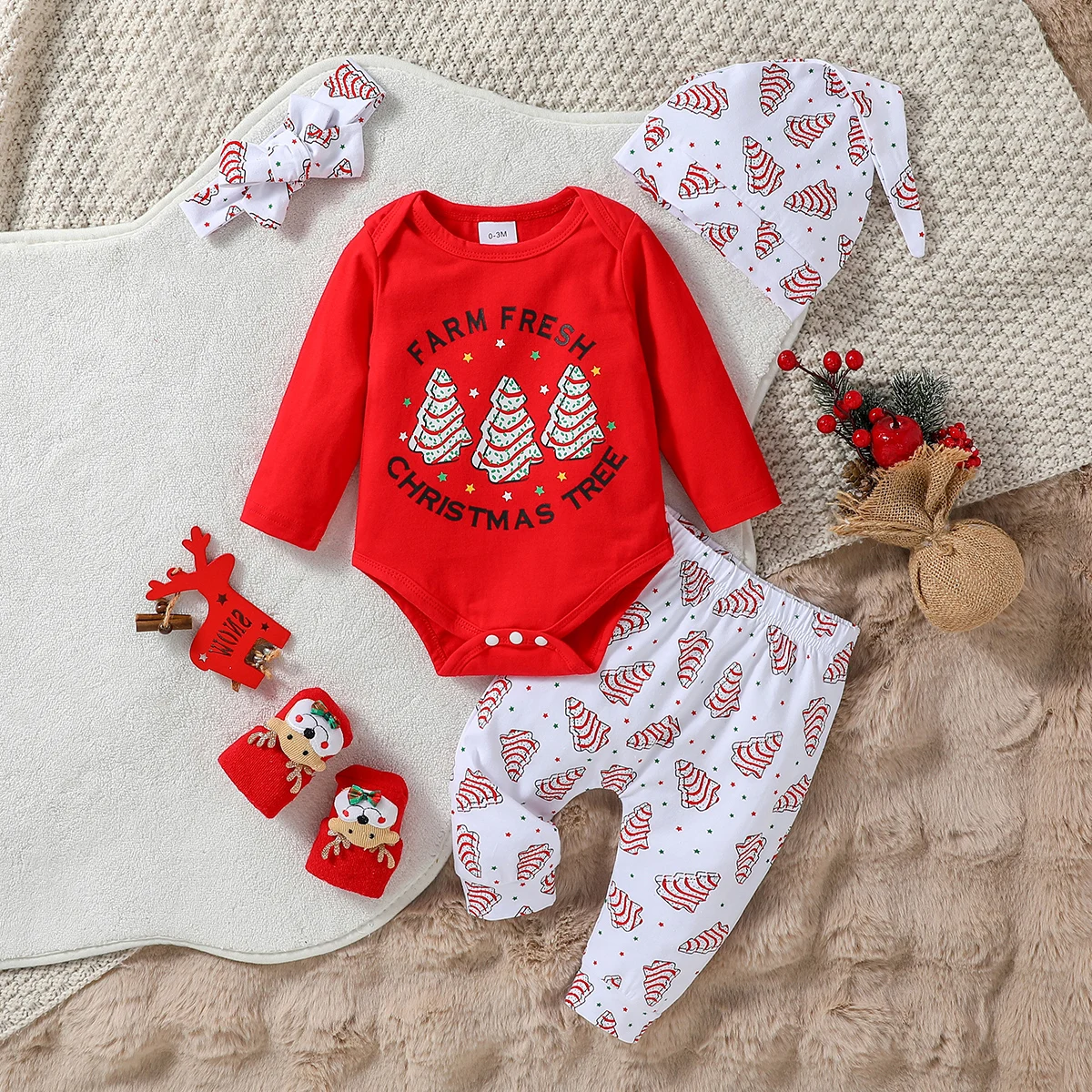 4pcs baby  autumn Long Sleeve Cotton (0-18M) Red unisex  leisure christmas Trees For Christmas Pantsuit Clothing Set+Hat+Headba