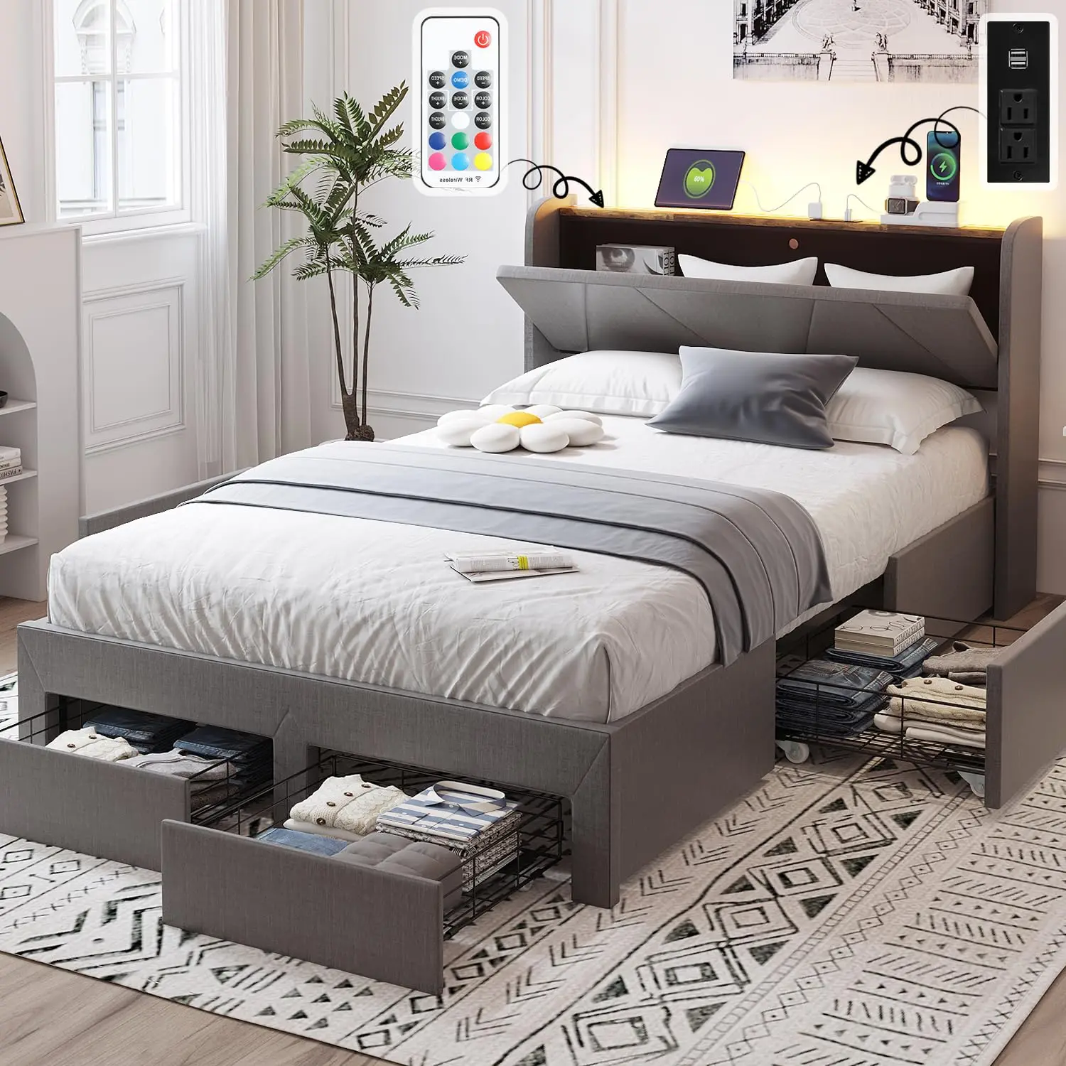 VOWNER Bed Frame with Storage Headboard & 4 Drawers, LED Upholstered Bed Frame with Charging Station, Wood Slats Support