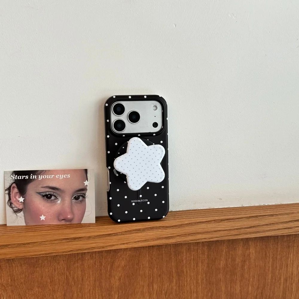 INS Simple Black White Polka Dot Print Phone Case For iPhone 17 Pro 16 Max 15 16 17 Pro Max 15Pro With Cute Star Magnetic Holder