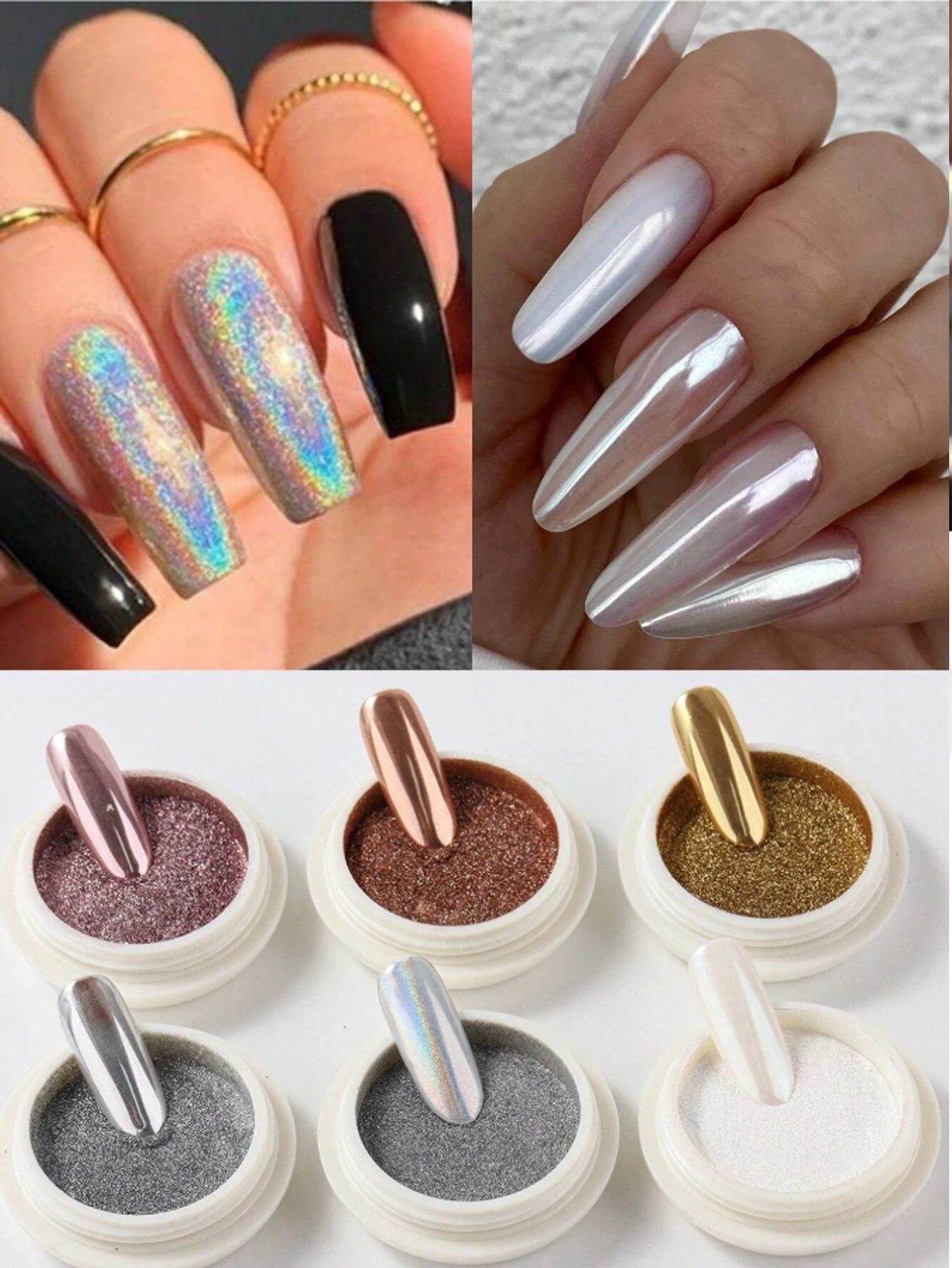 6 Colors Chrome Nail Powder Set Glitter Mirror Effect Nail Art Design 3D Holographic Aurora Iridescent Dust Nail Powder White Ch