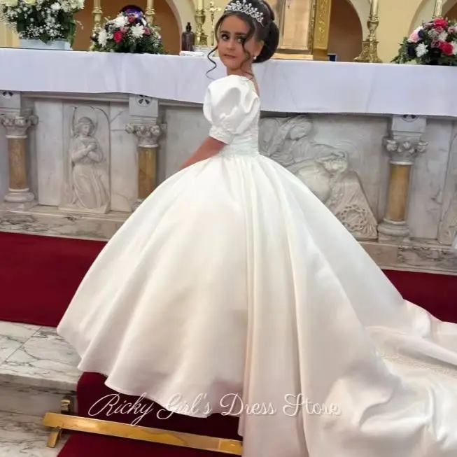 White Satin Children's Puff Sleeve Flower Girl Dresses Wedding Little Princess Dress Girl Piano Performance Costume Host Fashion