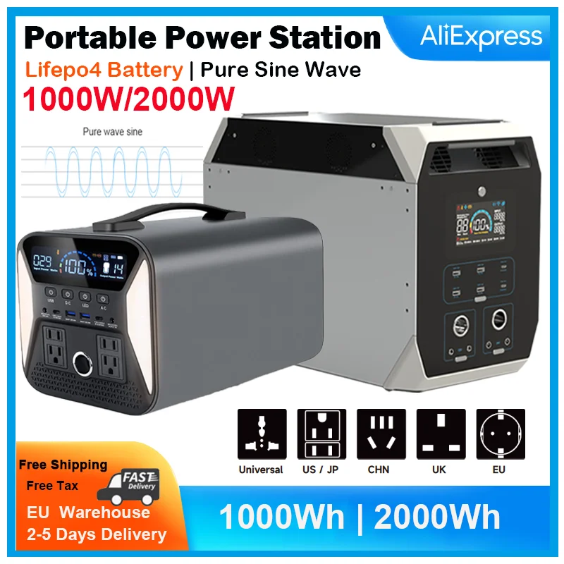 1000W/2000W Portable Power Station,Lifepo4 Battery,Outdoor Camping Bank Supply ,Pure Sine Wave, Led Lighting