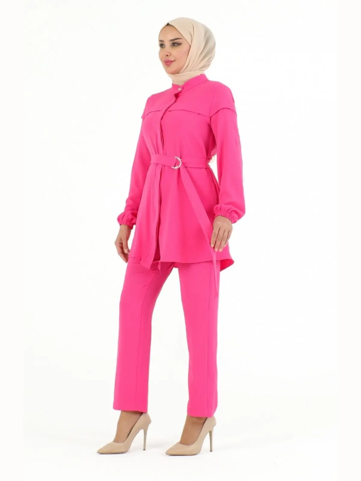 Double Aerobin Suit, Belted Plain Color Long Sleeves Judge Collar 4 Seasons Muslim Women Fashion Hijab  Clothing